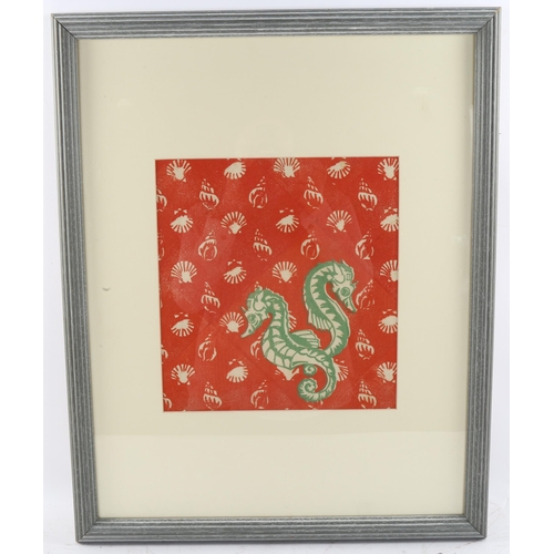 602 - Viola Paterson (1899-1901), block print on fabric, Seahorses, 26cm x 24cm, mounted, glazed and frame... 