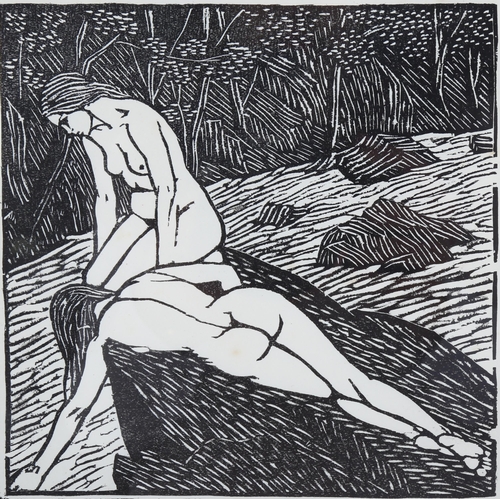 604 - Gwen Raverat (1885-1957), woodcut on paper, The Bathers (1920), 15cm x 15cm, mounted, glazed and fra... 