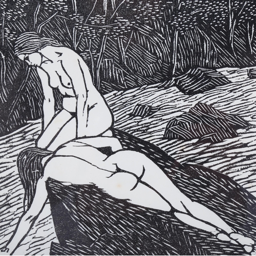 604 - Gwen Raverat (1885-1957), woodcut on paper, The Bathers (1920), 15cm x 15cm, mounted, glazed and fra... 