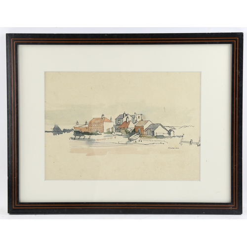 608 - William Redgrave (1903-1986), watercolour on paper, Coastal Village, 20cm x 28.5cm, mounted, glazed ... 