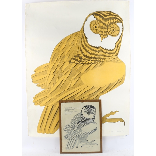 612 - Karen Usborne (born 1941), owl, embossed coloured etching, signed in pencil, 1971, no. 12/50, 77cm x... 