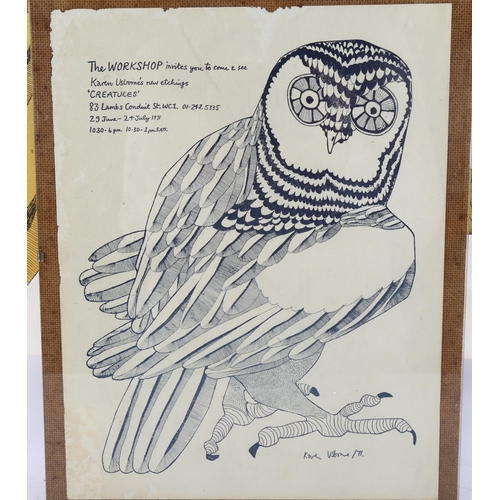 612 - Karen Usborne (born 1941), owl, embossed coloured etching, signed in pencil, 1971, no. 12/50, 77cm x... 