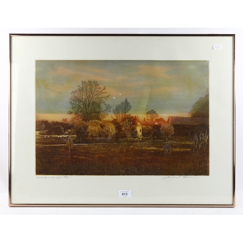 613 - Michael Oelman, dovecote at twilight, coloured etching, signed in pencil, no. 136/150, plate 33cm x ... 