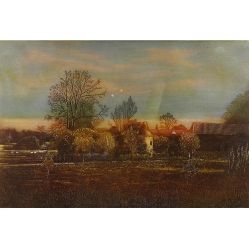 613 - Michael Oelman, dovecote at twilight, coloured etching, signed in pencil, no. 136/150, plate 33cm x ... 