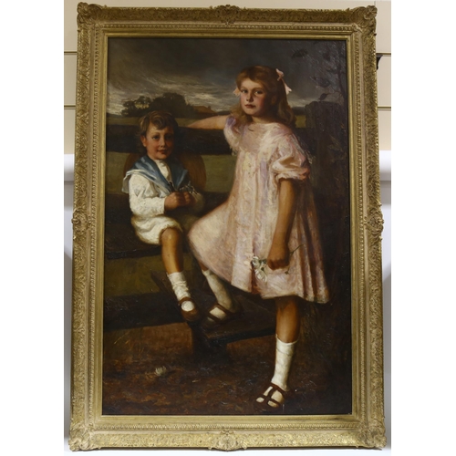 615 - Circle of Fred Morgan (1847/56 - 1927), large scale portrait of 2 children, oil on canvas, unsigned,... 