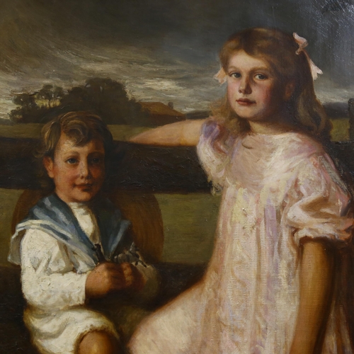 615 - Circle of Fred Morgan (1847/56 - 1927), large scale portrait of 2 children, oil on canvas, unsigned,... 