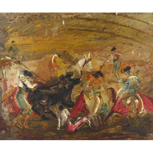 634 - Spanish School, bullfighting scene, mid-20th century oil on board, unsigned, 50cm x 60cm, framed