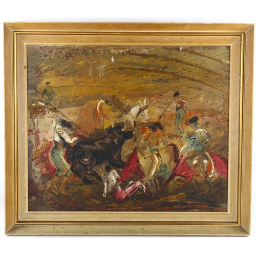 634 - Spanish School, bullfighting scene, mid-20th century oil on board, unsigned, 50cm x 60cm, framed