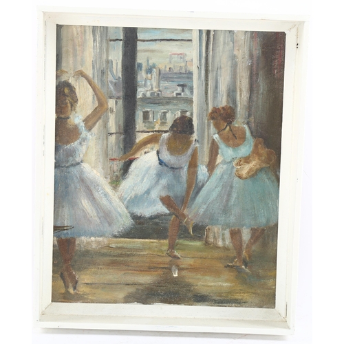 636 - Mid to late 20th century, oil on board, ballet dancers, unsigned, 25cm x 21cm, framed