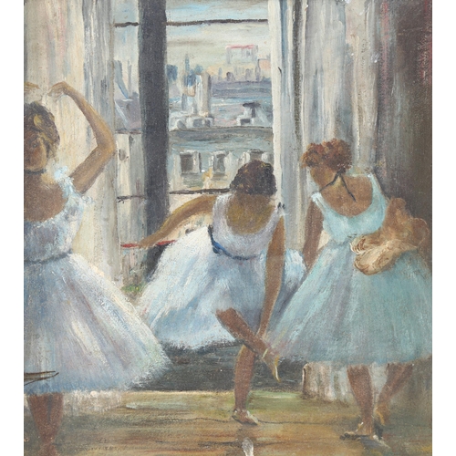 636 - Mid to late 20th century, oil on board, ballet dancers, unsigned, 25cm x 21cm, framed