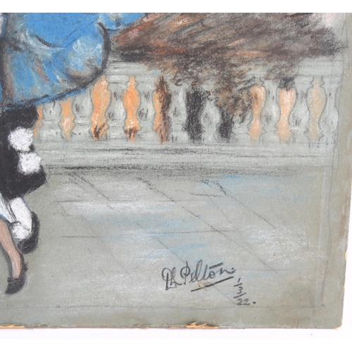 638 - Pelton, masquerade figures on a terrace, indistinctly signed and dated 1922, 33cm x 50cm, unframed