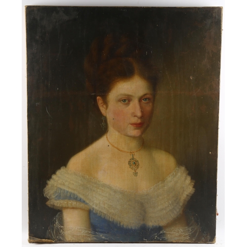 639 - 19th century oil on canvas, portrait of a young woman, unsigned, 67cm x 54cm, unframed