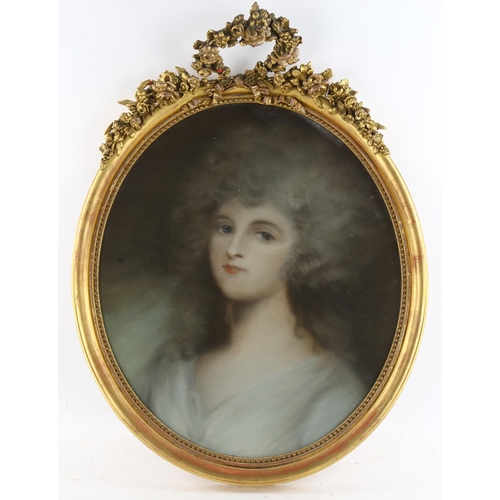 642 - 19th century oval coloured pastels portrait of a young woman, unsigned, image 52cm x 44cm, framed