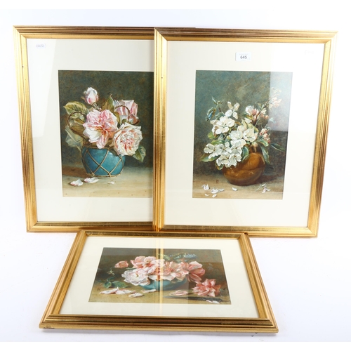 645 - 3 still life watercolours, all signed with monogram NC, 33cm x 24cm, framed