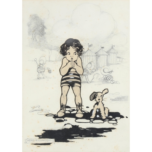 647 - Agnes Richardson, original illustration, children at the beach, pen ink and pencil, signed, 32cm x 2... 