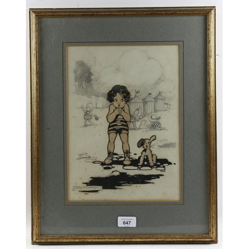 647 - Agnes Richardson, original illustration, children at the beach, pen ink and pencil, signed, 32cm x 2... 