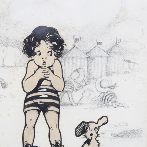 647 - Agnes Richardson, original illustration, children at the beach, pen ink and pencil, signed, 32cm x 2... 