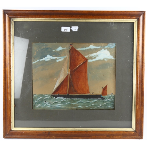 648 - 19th century watercolour, study of a sailing boat, unsigned, 30cm x 37cm, framed