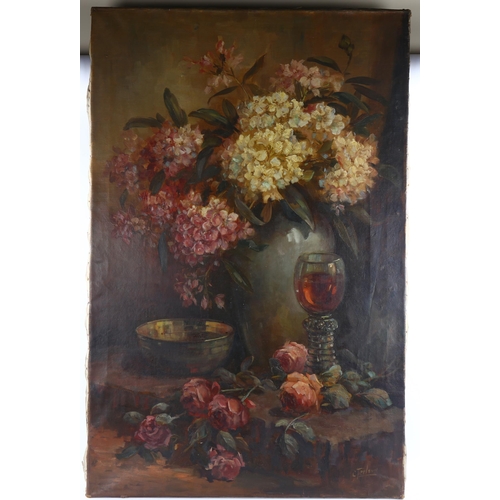 652 - Cornelius Kees Terlouw (1890 - 1948), still life, flowers and wine glass, oil on canvas, signed, 109... 