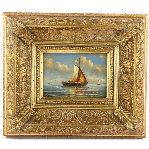 654 - Oil on wood panel, sailing boat at sea, unsigned, 11cm x 16cm, framed