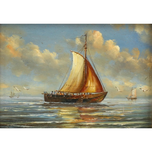 654 - Oil on wood panel, sailing boat at sea, unsigned, 11cm x 16cm, framed