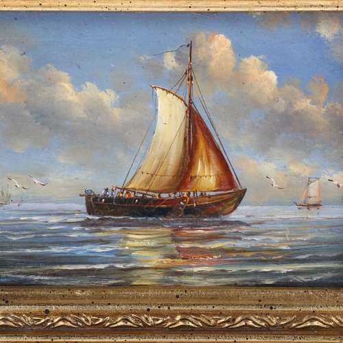 654 - Oil on wood panel, sailing boat at sea, unsigned, 11cm x 16cm, framed