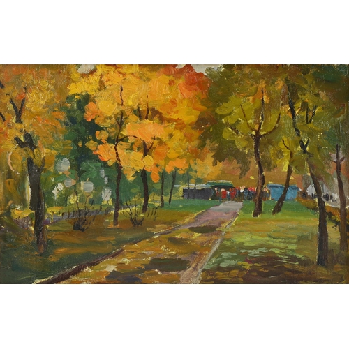 657 - Contemporary study of Gorky Park Moscow 1990, unsigned, 15cm x 24cm, and Favell, oil on board, mount... 