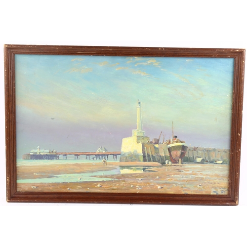 658 - **DESCRIPTION AMENDMENT** Margate harbour and pier, oil on board, 32cm x 50cm, framed