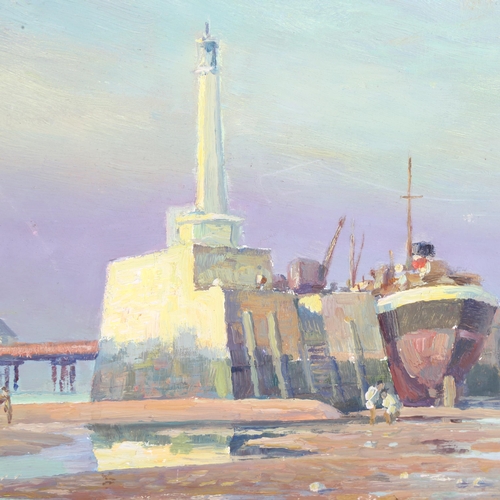 658 - **DESCRIPTION AMENDMENT** Margate harbour and pier, oil on board, 32cm x 50cm, framed