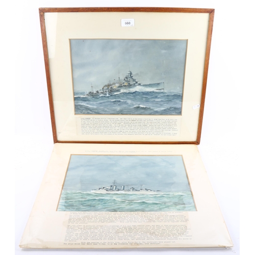 660 - Erskine Tufnell, HMS Defender 1932, and HMS Glowworm ramming Hipper 8.4.40, 24cm x 35cm, 1 framed an... 