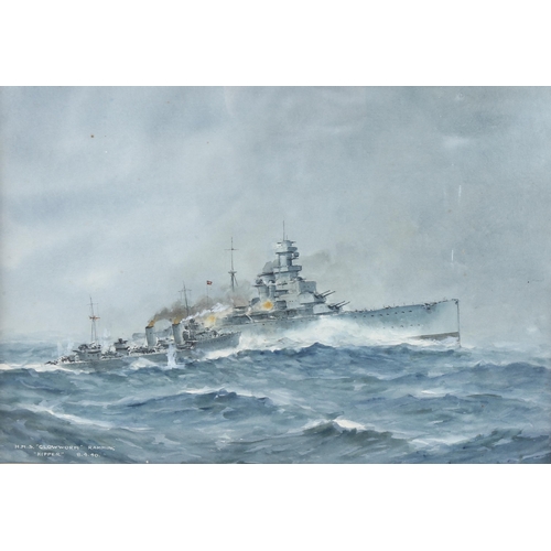 660 - Erskine Tufnell, HMS Defender 1932, and HMS Glowworm ramming Hipper 8.4.40, 24cm x 35cm, 1 framed an... 