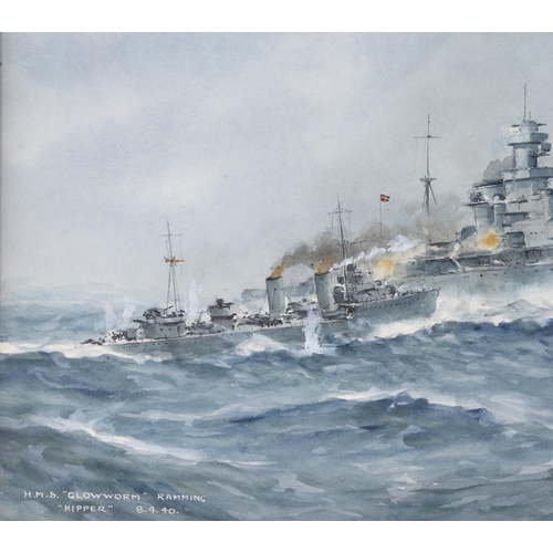 660 - Erskine Tufnell, HMS Defender 1932, and HMS Glowworm ramming Hipper 8.4.40, 24cm x 35cm, 1 framed an... 