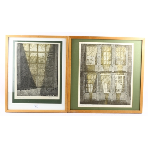 661 - Keith Barrell, pair of interior studies, coloured etchings, artist's proof, plate 36cm x 28cm, frame... 