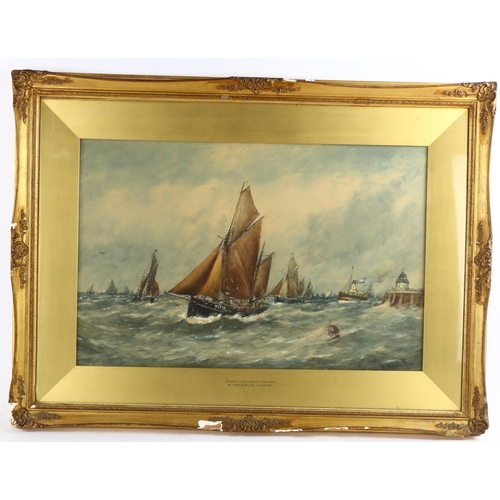 670 - Robert Malcolm Lloyd, trawlers returning to Gorleston, watercolour, signed, 34cm x 52cm, framed