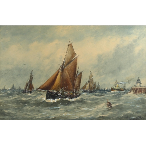 670 - Robert Malcolm Lloyd, trawlers returning to Gorleston, watercolour, signed, 34cm x 52cm, framed