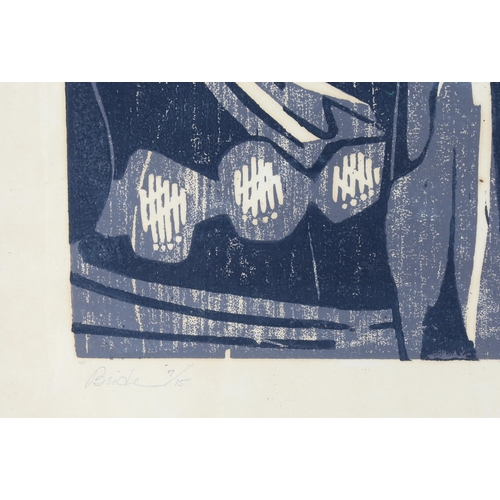 671 - Sue Smock, Bride, large linocut print, signed in pencil, no. 7/15, image 100cm x 40cm, framed