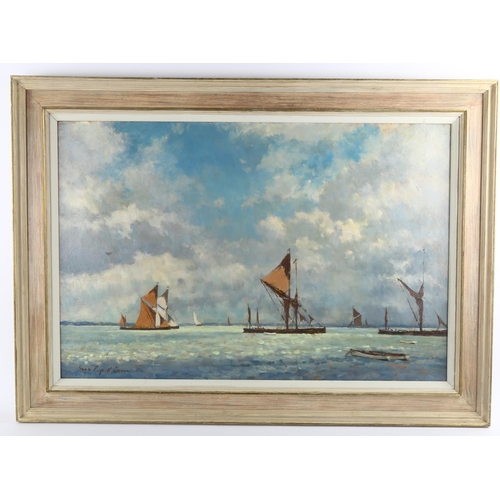 672 - Hugh Boycott Brown, cloudy morning Medway, oil on board, signed with exhibition label verso, 50cm x ... 