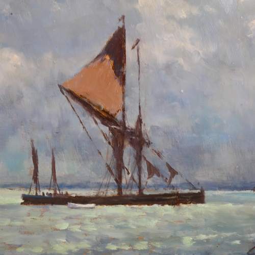 672 - Hugh Boycott Brown, cloudy morning Medway, oil on board, signed with exhibition label verso, 50cm x ... 