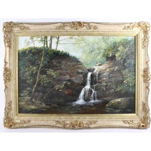 673 - Clive Madgwick, the waterfall, oil on canvas, signed with monogram, 50cm x 76cm, framed