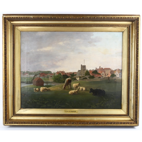 675 - 19th century oil on canvas, a view of Maidstone, unsigned, 51cm x 66cm, framed