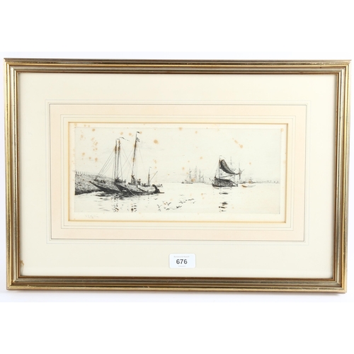 676 - William Lionel Wyllie (1851 - 1931), Dutch eel boats on the Schelt, drypoint etching, signed in penc... 