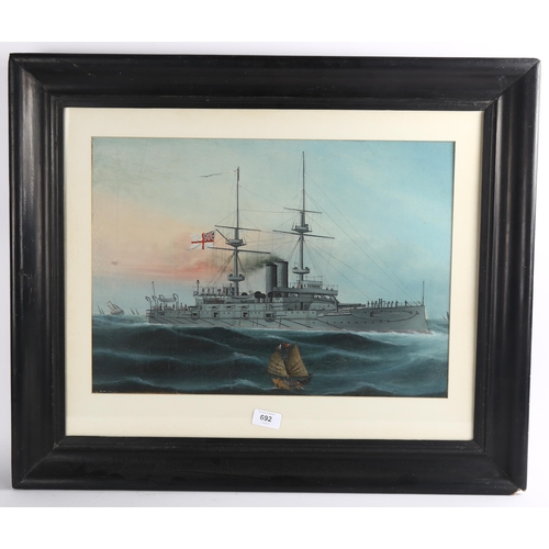 692 - First War Period oil on board, Dreadnought and Chinese junks, unsigned, 35cm x 48cm, framed