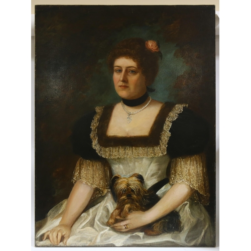 696 - 19th century oil on canvas, portrait of a woman with a Terrier, unsigned, 102cm x 76cm, unframed