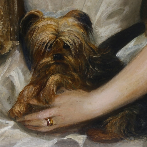 696 - 19th century oil on canvas, portrait of a woman with a Terrier, unsigned, 102cm x 76cm, unframed