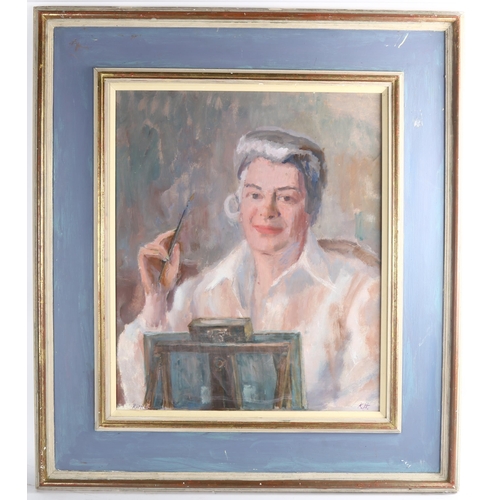 698 - 20th century oil on board, portrait of an artist, signed with monogram KH, 60cm x 50cm, framed