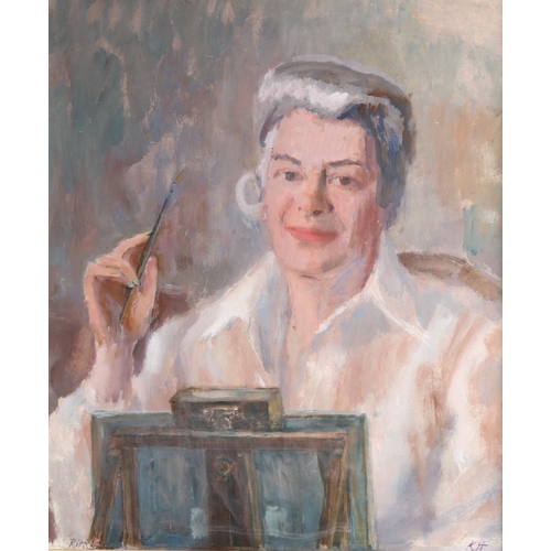 698 - 20th century oil on board, portrait of an artist, signed with monogram KH, 60cm x 50cm, framed