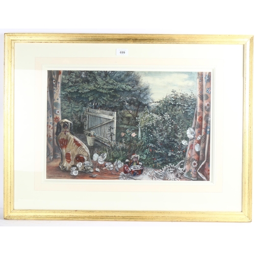 699 - Elizabeth Sorrell (1916 - 1991), view from the kitchen window, watercolour, signed and dated 1957, 3... 