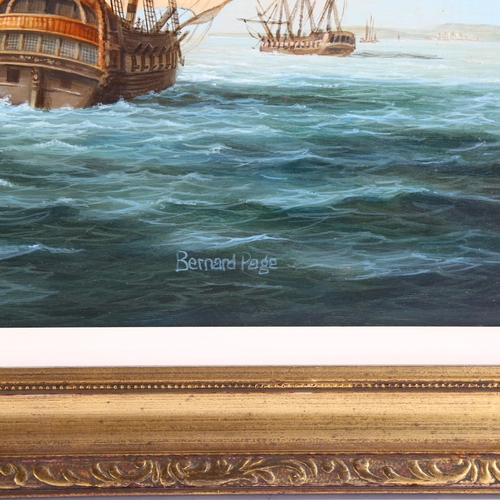 701 - Bernard Page, galleons off the coast, oil on board, signed, 38cm x 48cm, framed