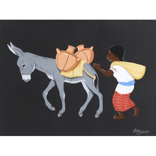 704 - Jose Luis Betanzos, girl with donkey, gouache on black paper, signed, 23cm x 31cm, framed