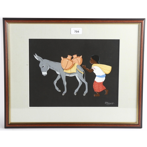 704 - Jose Luis Betanzos, girl with donkey, gouache on black paper, signed, 23cm x 31cm, framed